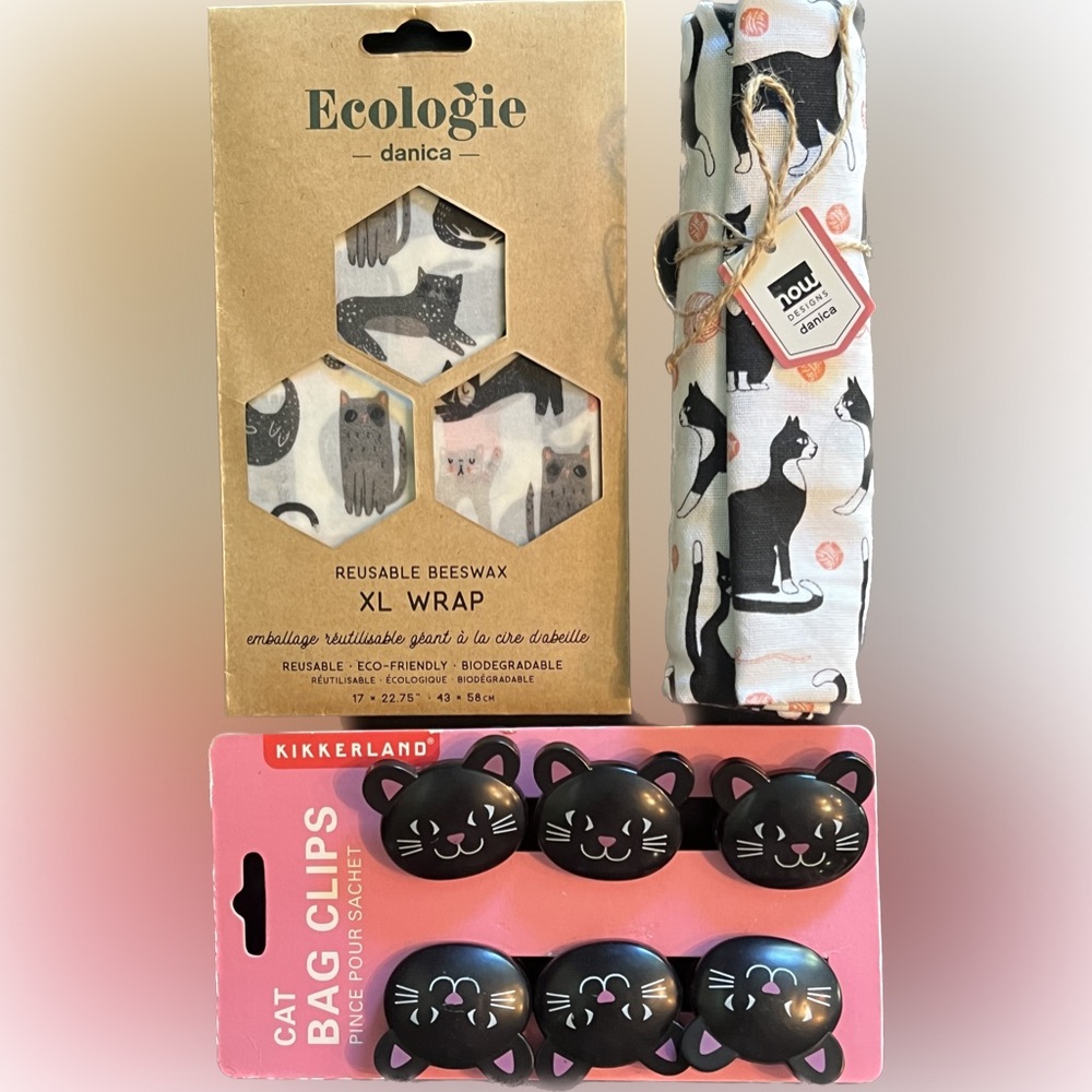 cat-lover gift bundle: beeswax sandwich bags/6 bag clips/tuxedo print dishtowel